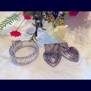 Silver tone Heart Earrings and Bangle Set